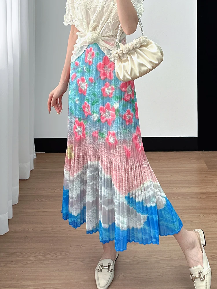 

Casual High Waist Print Pleated Skirt Women's Summer Fashion Retro Half-length Skirt Three-crease Simple Straight Polyester F...