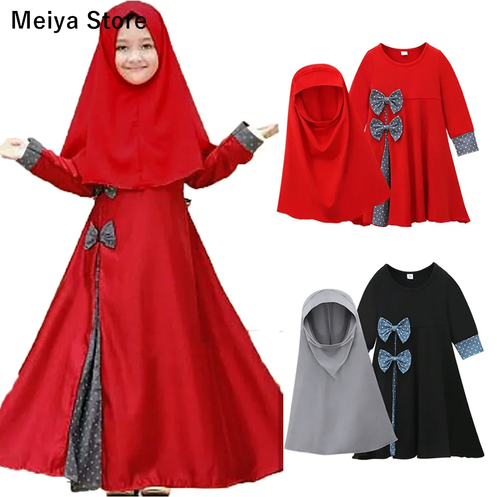 

2025 Ramadan Muslim Kids Girls Hijab Dress 2PCS Set Khimar Burqa Niqab Abaya Islamic Children Clothing Turkey Dubai Prayer Robe