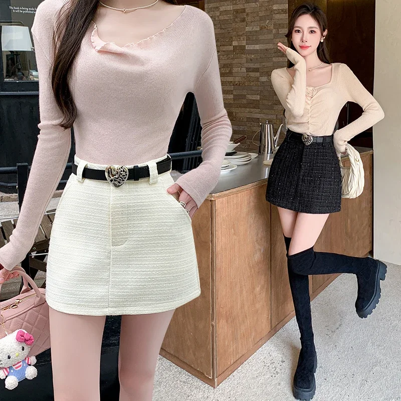 Autumn and winter new coarse woolen skirt versatile woolen short skirt, spicy girl slimming and hip hugging skirt A-line skirt