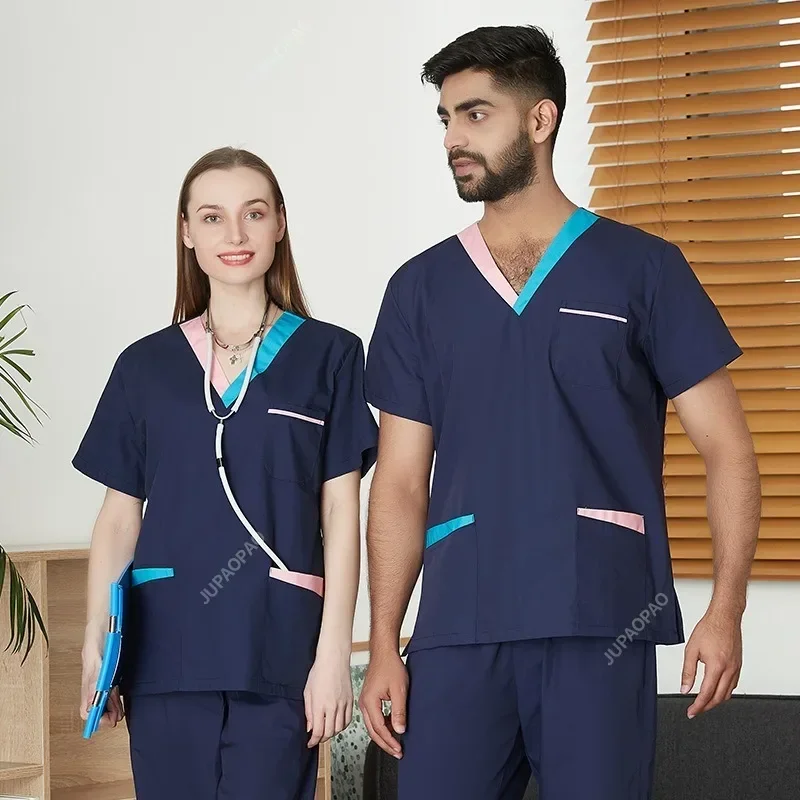 Men's Solid Color Medical Uniform Set Male Wholesale Clinic Hospital Doctor Overalls V-neck Fashion Scrub Pharmacy Nurse Clothes