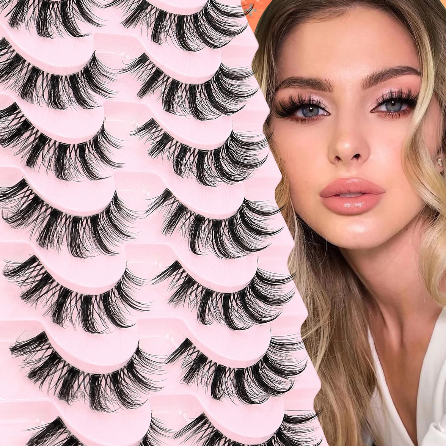 7-Pair Natural False Eyelash Transparent Stem Cross Style Lightweight Manga False Eyelash