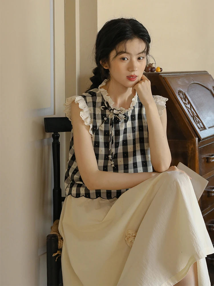 

Женская летняя блузка в китайском стиле в черно-белую клетку Nesoulum: художественный ретро-топ для повседневной носки
