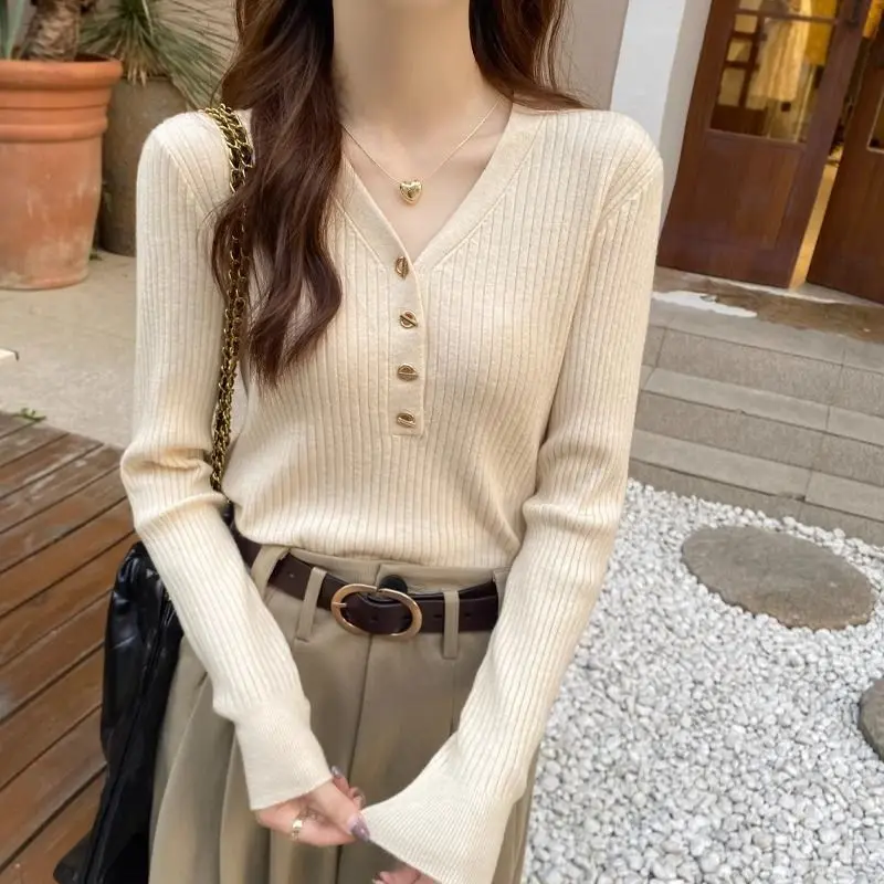 Women Autumn Winter Korean New V-neck Sweater Solid Buttons Look Thinner Versatile Knit Cozy Upscale Sweater Long Sleeved Tops