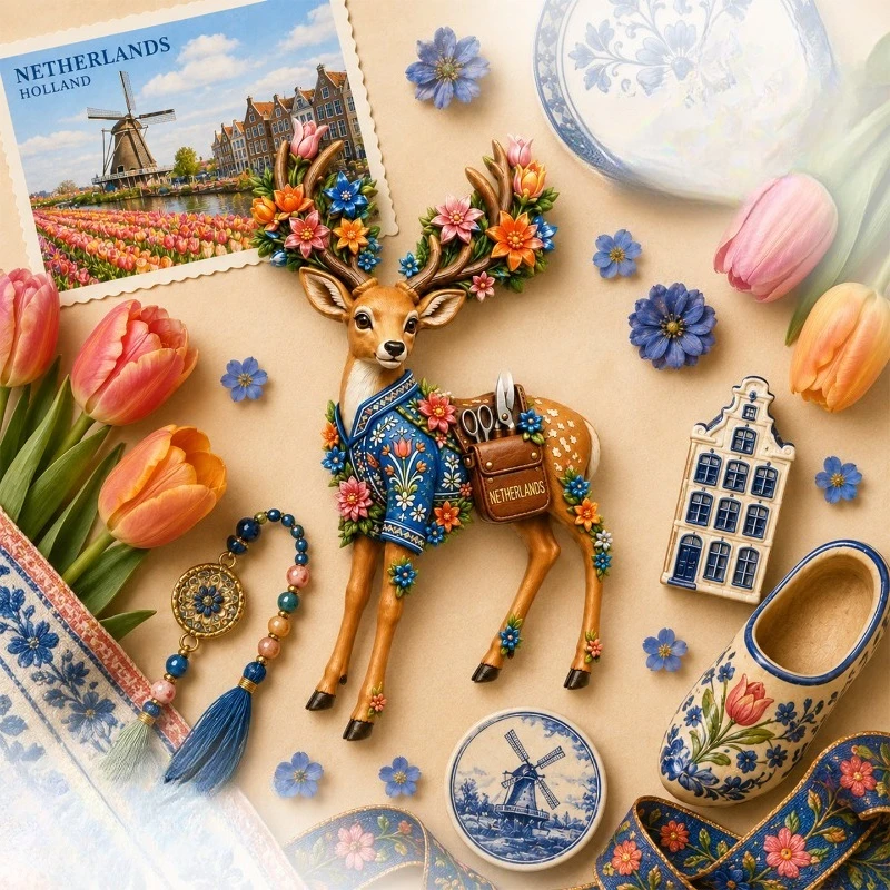 Dutch Flower Elk Fridge Magnet - Magical 3D Netherlands Souvenir Unique European Gift for Travel & Whimsical Home Decor