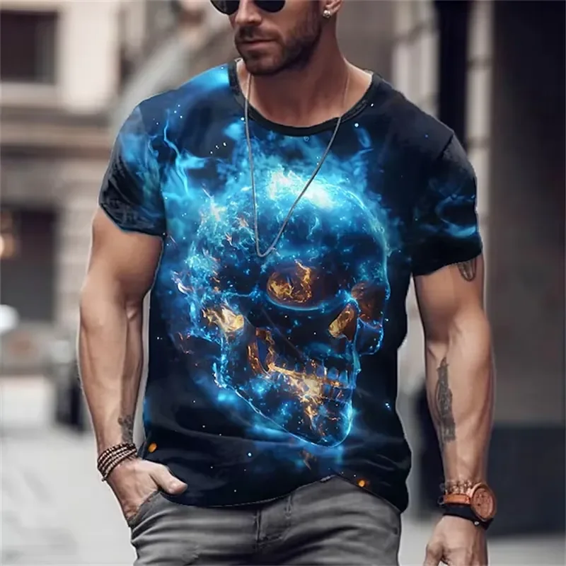 3D Skull Print Flame Graphic Men's T Shirt Fashion Crew Neck Short Sleeve Tee Summer Daily Wear Halloween Gift 2026