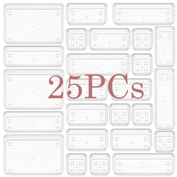 Ensemble d'organisateur de bureau en plastique transparent, boîte de rangement, bacs, gadget de cuisine, outil de maquillage, stockage à domicile, clair, 13 pièces, 25 pièces