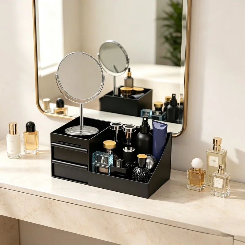 Desktop Perfume Storage Organizer with Drawer, Non‑Slip Cologne Display Stand for Men Dresser Bathroom Countertop