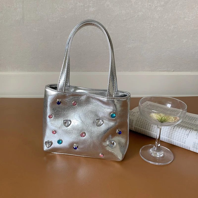 Bolso de mano de PU con diamantes de imitación para mujer, bandolera de hombro con cadena versátil de plata brillante, a la moda, estilo Hotgirl, para fiesta, novedad de 2024