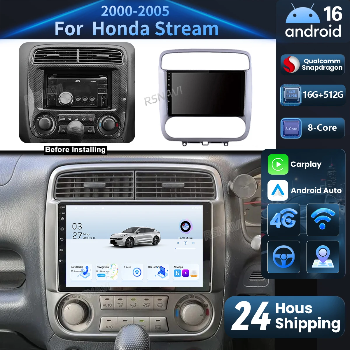 Android 16 Carplay Auto 2K Screen Car Radio Multimedia Player For Honda Stream 2000 - 2005 GPS Stereo Qualcomm 16G-512G 4G BT