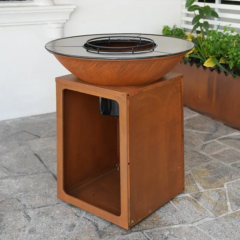 2-in-1 사각 콘형 주철 프라이팬 겸용 웨더링 스틸 히터, 마당 바베큐 히터, 정원 화로