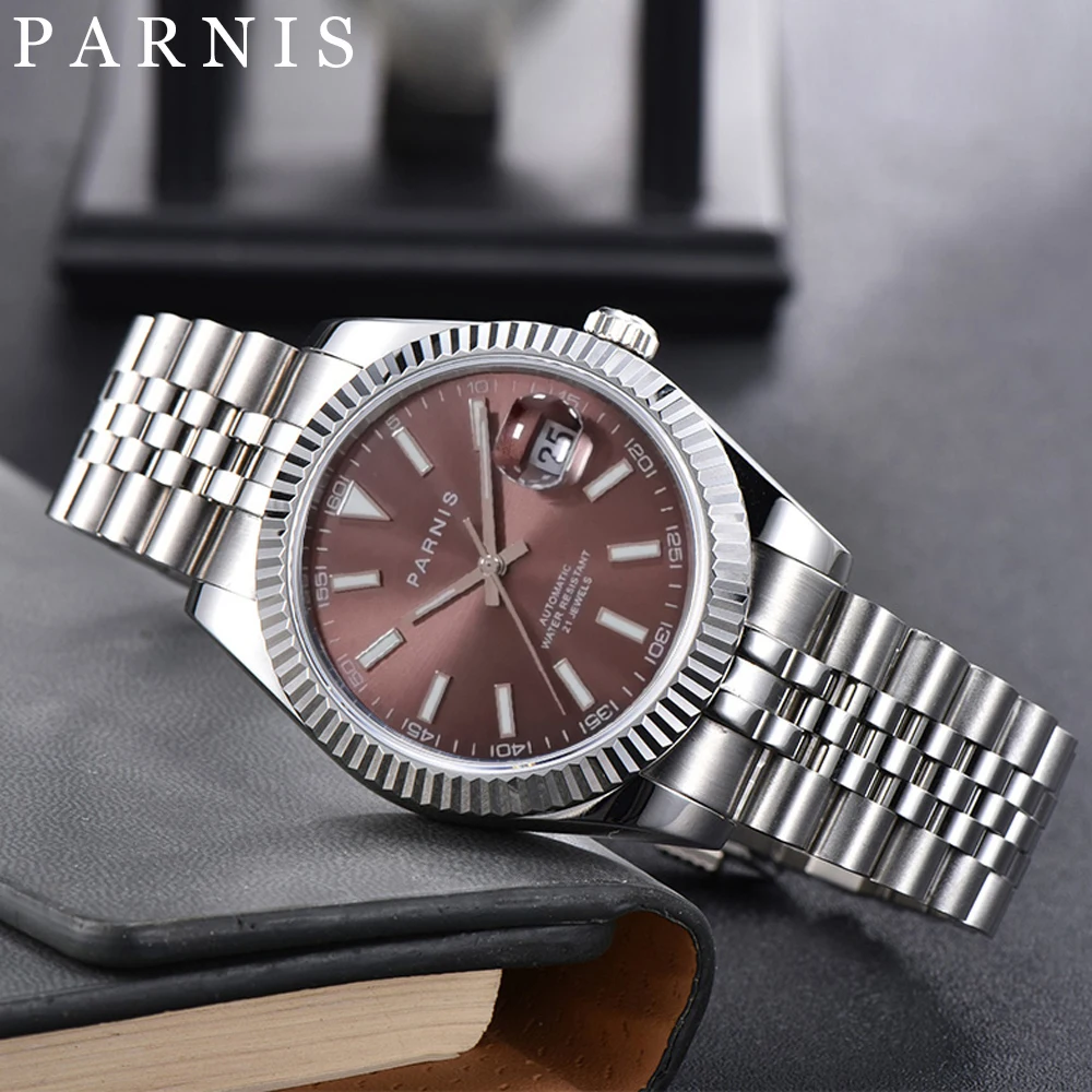 

Parnis 39.5mm Stereosc Bezel Elegant Brown Dia Automatic Men Wristwatch 316L Stainless Steel Strap