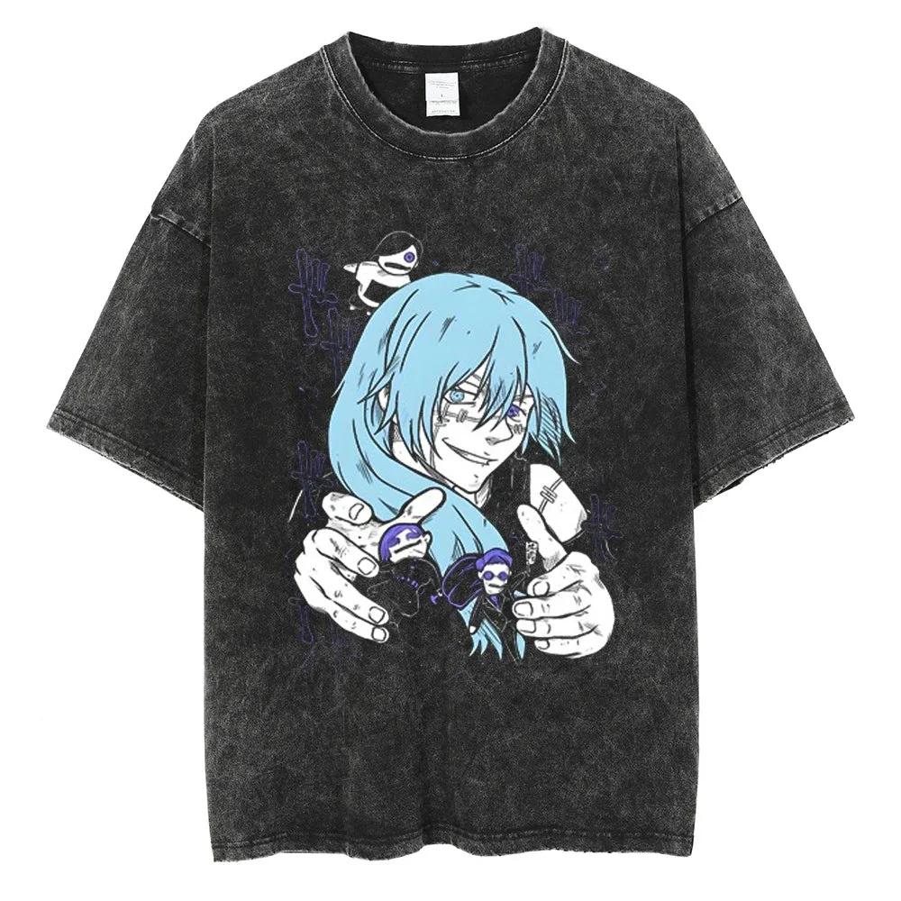 Jujutsu Kaisen أنيمي نمط مطبوعة غسلها تي شيرت الرجال والنساء ريترو تنفس الرياضة الشارع نمط تيشيرت صيفي للجنسين