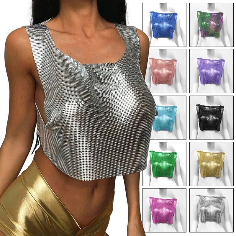 

Short Gothic Metallic Glitter Crop Tops Women Music Festival Rave Outfits Nightclub Style Diamonds Vest Spice Girl Backless Tank