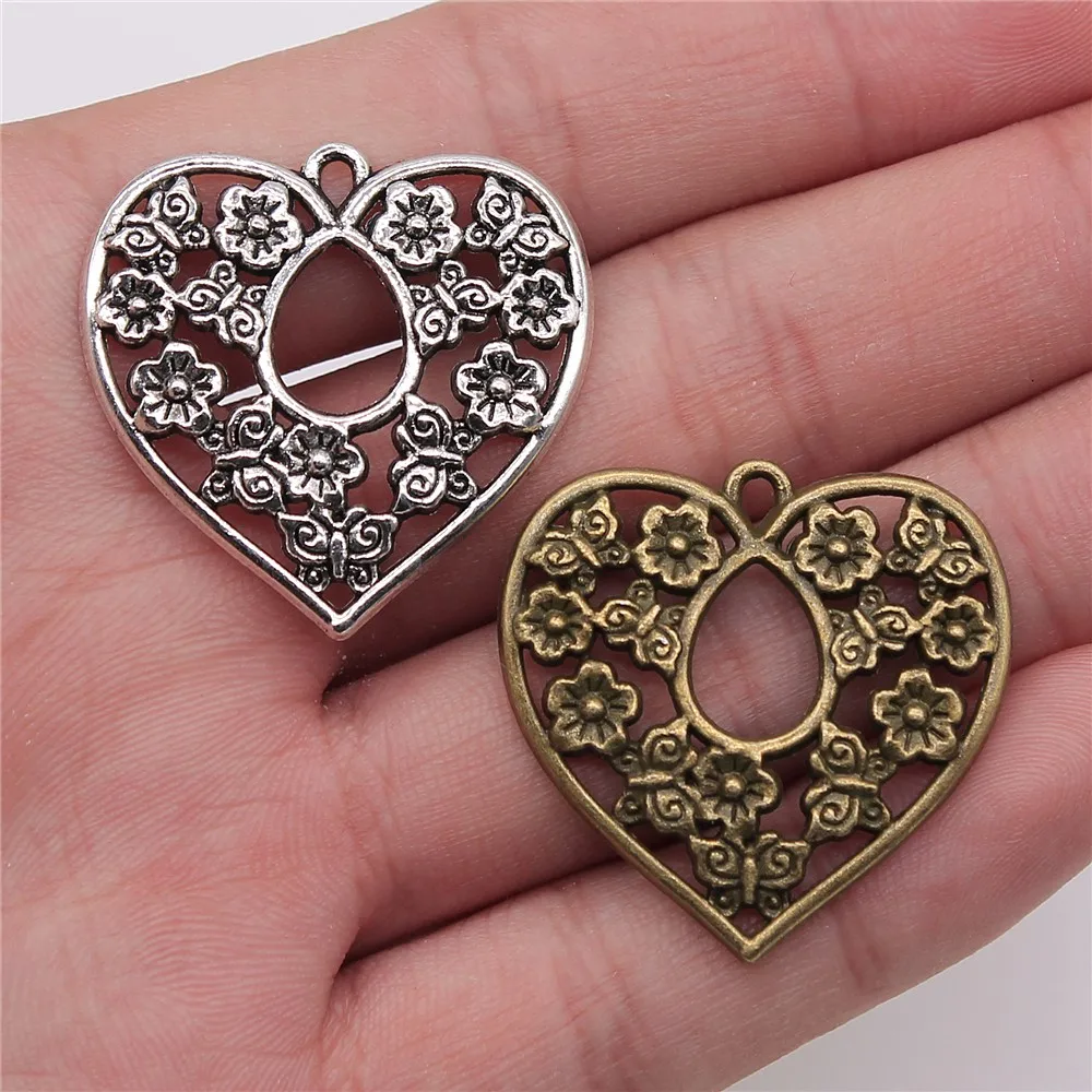 WYSIWYG 4 sztuk Charms serce kwiat 30x30mm Antique Making wisiorek w stylu Vintage tybetański brąz srebrny kolor DIY Handmade biżuteria