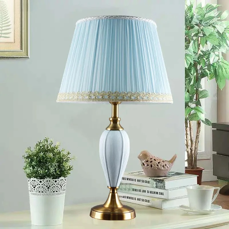 European modern blue ceramic table lamp wedding room bedroom bedside dowry warm romantic ins girl retro desk lamp