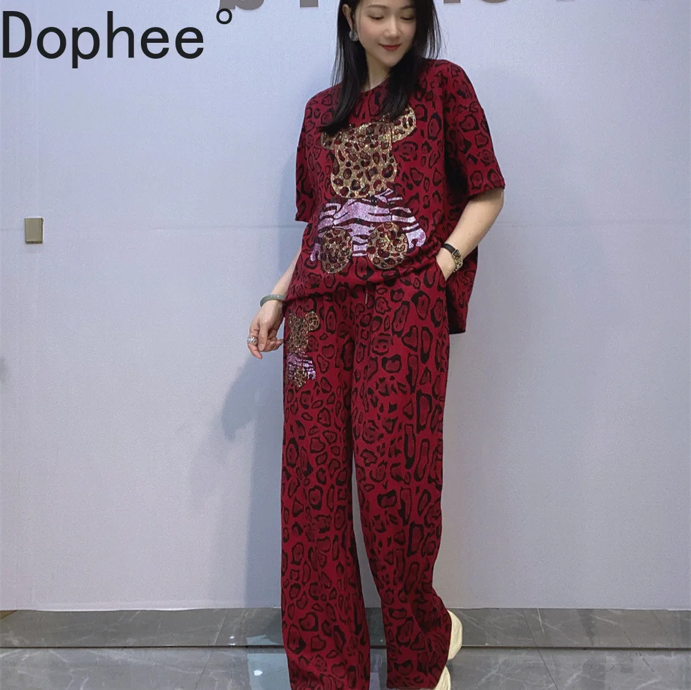 

American Street Hot Drilling Leopard Two-piece Set Cute Bear Diamonds Loose Short Sleeve T-shirt Top + Casual Wide Leg Pants
