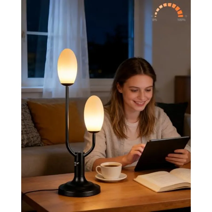 

Mid Century Modern Table Lamp Vintage Black Dimmable Plug in Small Bedside Lamps with Oval Shade Cute Desk Lamp Nightstand Read