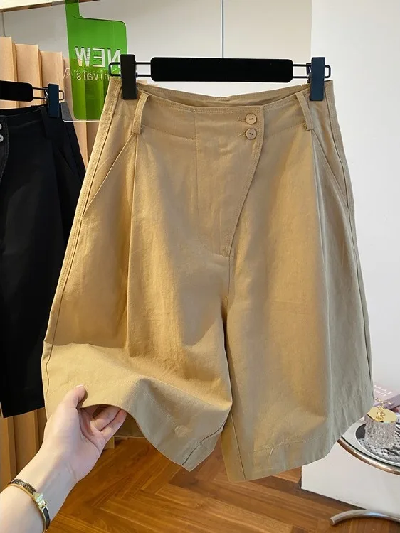 

Khaki Workwear Mid-Length Shorts Women's Summer Loose Casual High Waist A-Line Wide Leg Pants Five-Quarter Length