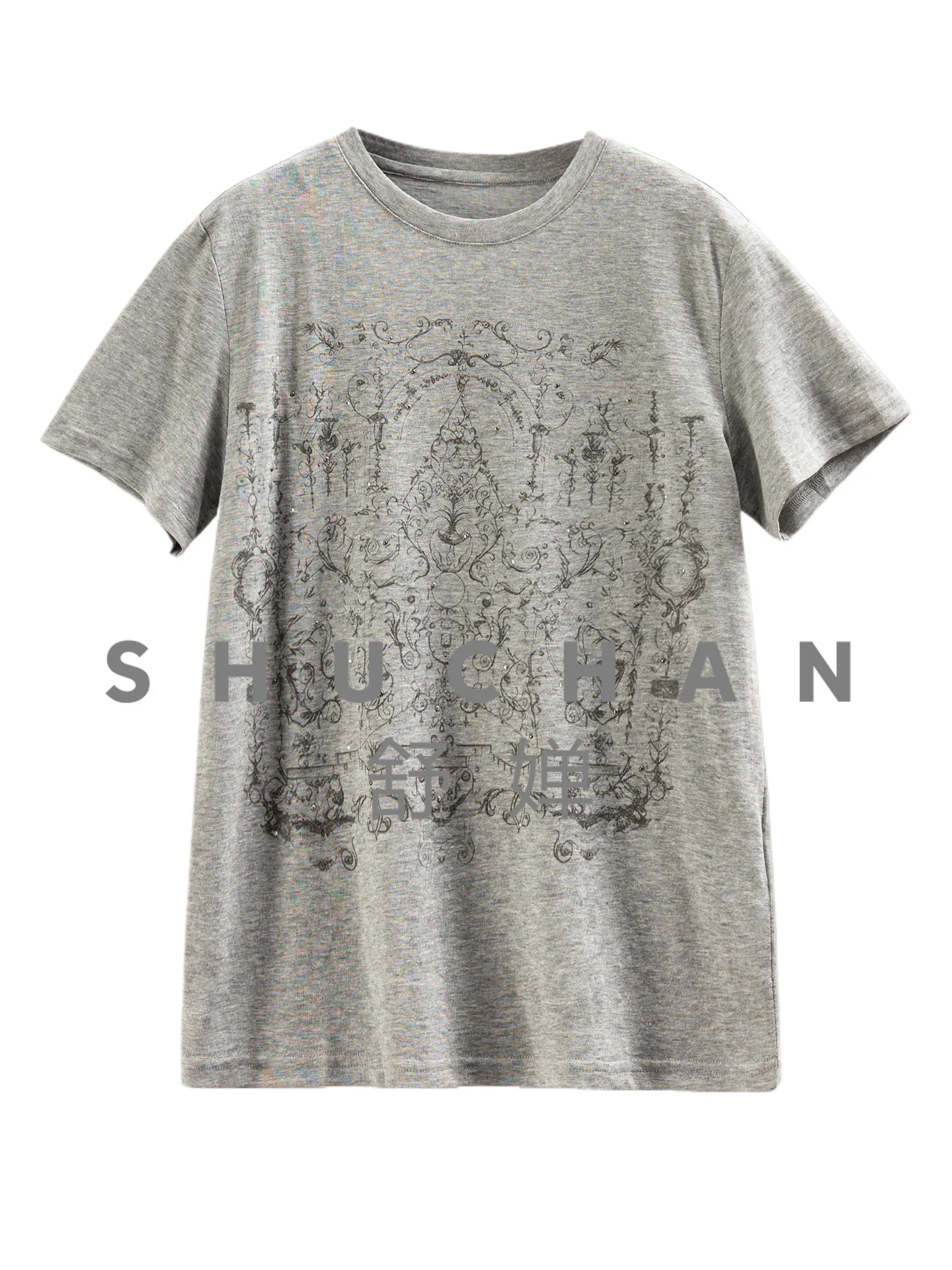 

Artistic Accent Top French Retro Court Print with Silk Linen Crew Neck Short-sleeved T-shirt Women's 12W2
