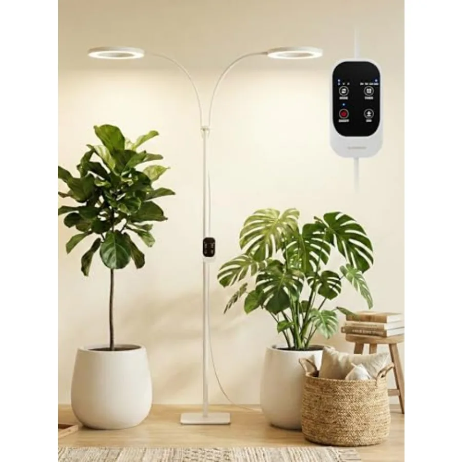 

Светодиодная лампа для растений 48 Вт с двумя головками, регулируемая высота 23,5-71 см, полный спектр для 3-х растений, для высоких растений 3/9/12/16