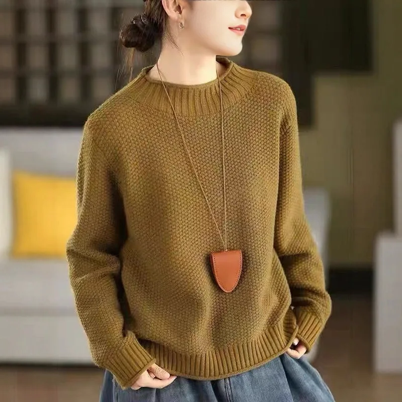 Nuevo suéter Retro liso con cuello simulado para mujer, jerséis tejidos de algodón peinado, tejido suelto, camiseta de fondo de otoño de gama alta