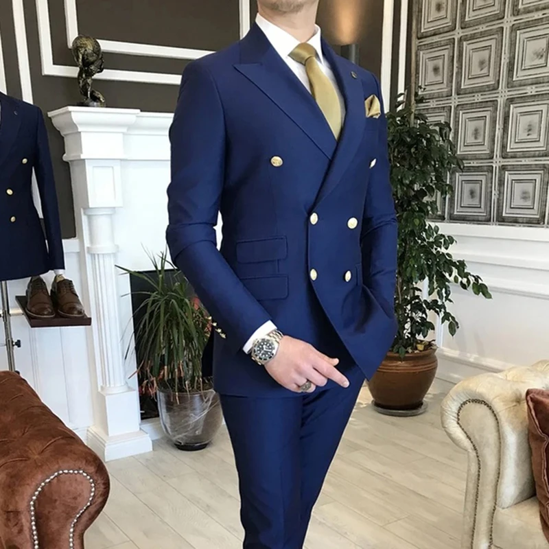 Double Breasted Men Suits with Peaked Lapel Slim Fit 2 Piece Groomsmen Wedding Tuxedo Male Fashion Prom Costume Jacket Pants Set