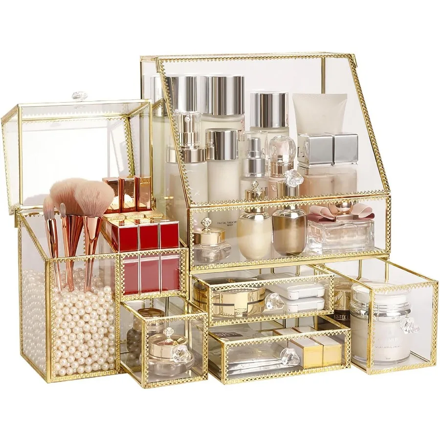 Lar Glass Makeup Orgazer Der t eauty Stora atroom Counter Orgazer Cosmetic Display wit Pearl 16in