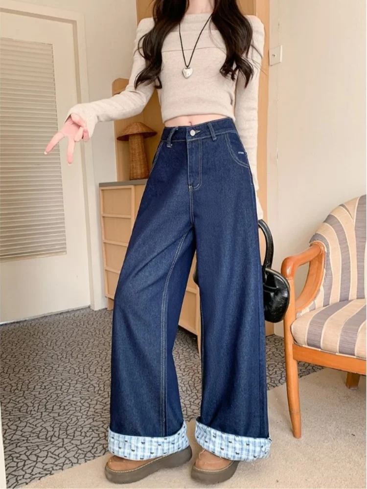 

American Style Fleece Lined Embroidered Knot Denim Pants Women Winter New Large Size Loose Wide Leg Floor Length
