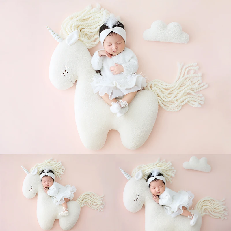Unicorn Doll Theme Newborn Photography Props White Princess Style Costumes Baby Girl Knit Dress Studio Photography Accessory