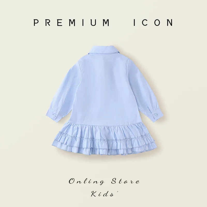 

Girls Blue Pleated Lace Dress2025Spring New Style Casual Turn-Down Collar Shirt Dress for Toddlers and Young Children