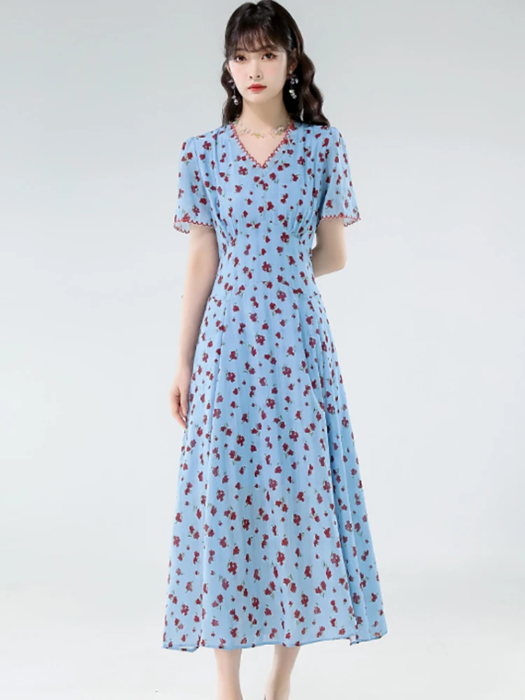 Damska Niebieska Sukienka Letnia w Kwiaty z Krótkim Rękawem, Dekolt V, Elegancka, Codzienna Sukienka w Stylu Boho, Rozkloszowana Sukienka A-Line, Nowa Koreańska Sukienka Bodycon Jednoczęściowa 2025