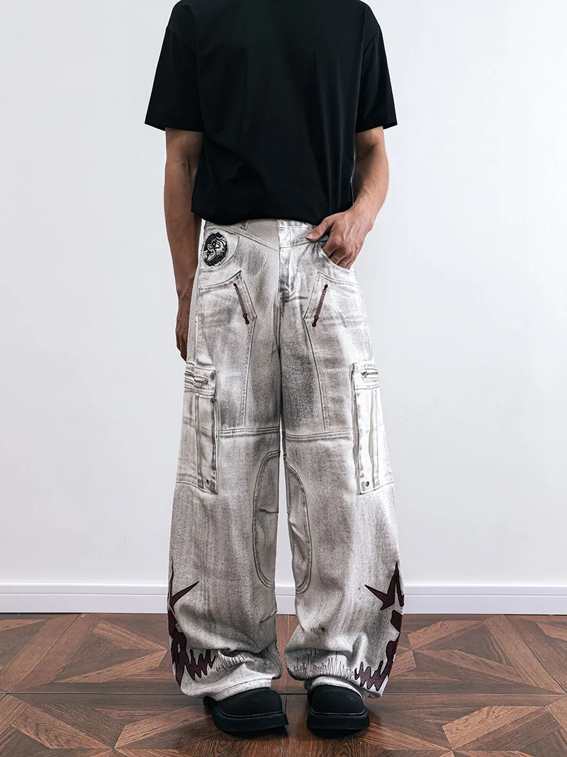 

American Sle Workwear Denim Pants Men's Straight Leg Wide Leg Jeans Autumn Winter Faded ket Detail mid Waist Zipper Fly