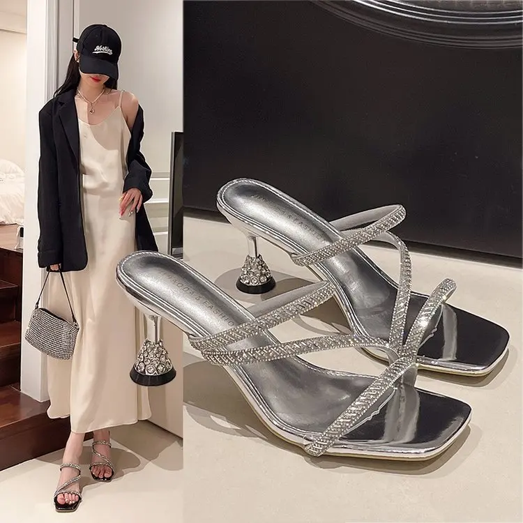 

Ele Diamond Bule High Heel Sandals Women's Outdoor Summer New Sle f Slippers Thin Heel Beautiful Match Skirts