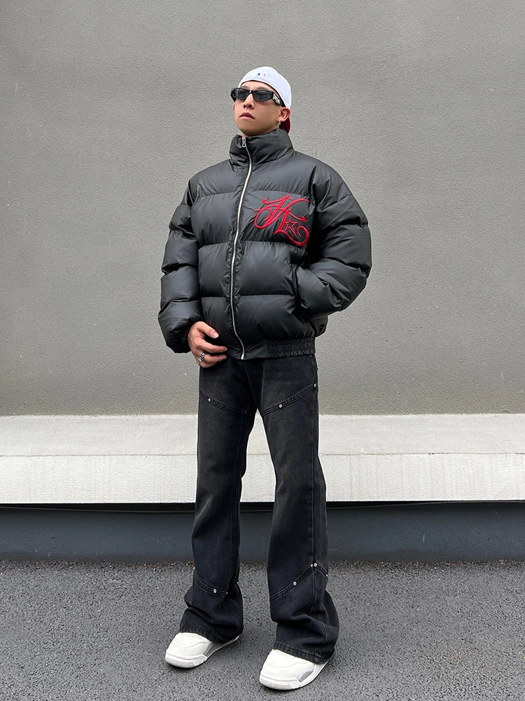 

Thiened Letter Embroidery down Cotton Jaet American High Street Loose Winter Bread Sle Coat Youth Casual Faion Coat