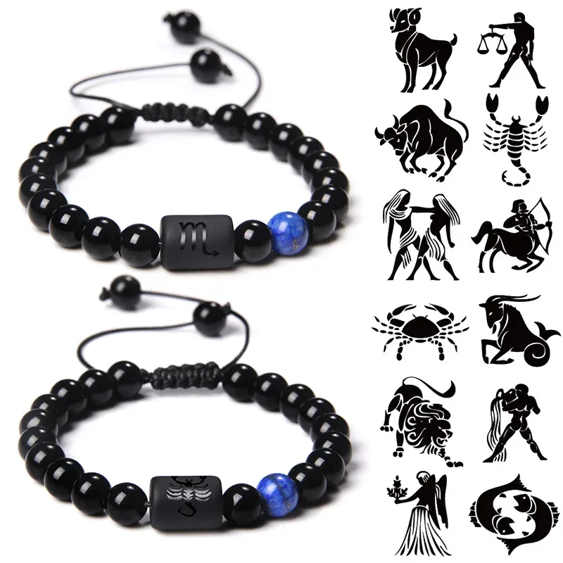 12 Constellation Zodiac Signs Bracelet Black Onyx Beads Cancer Leo Onyx Braided Bracelet for Women Men Couples Jewelry Gift