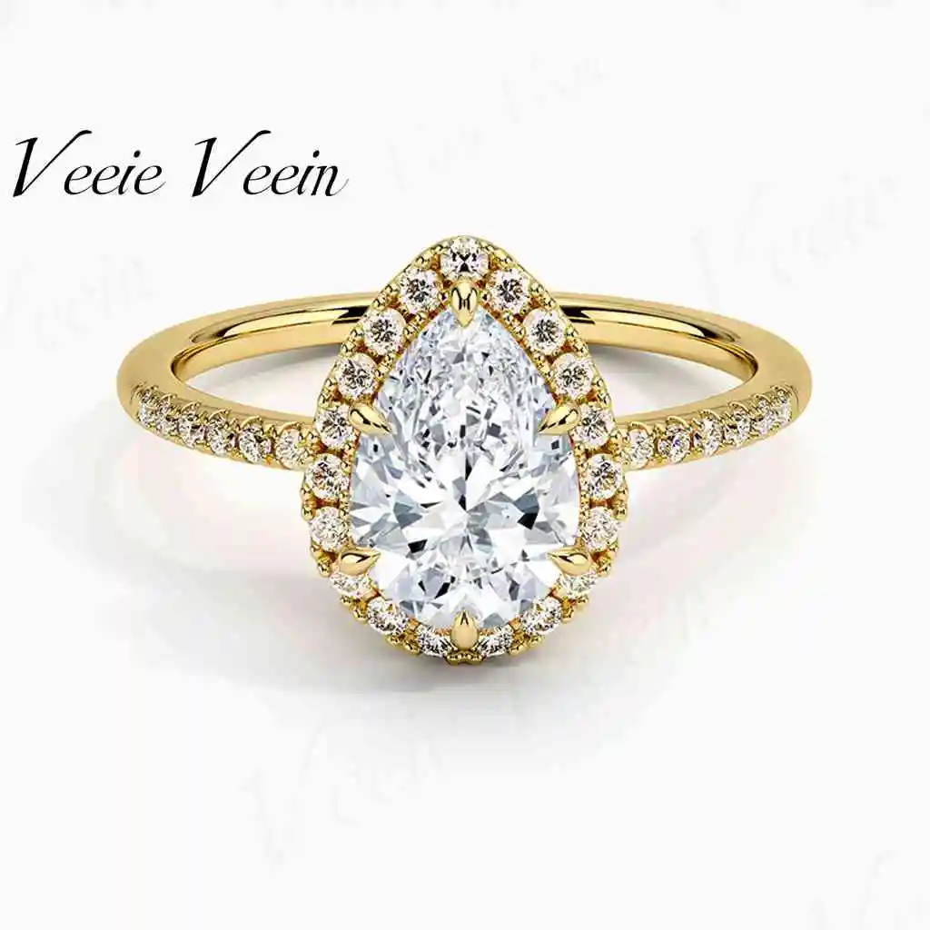 Veeie Veein Pear Shaped Halo Setting Engagement Ring 1/2/3/4/5 Ct Moissanite Ring S925 Sterling Silver Gold Plated Wedding Band