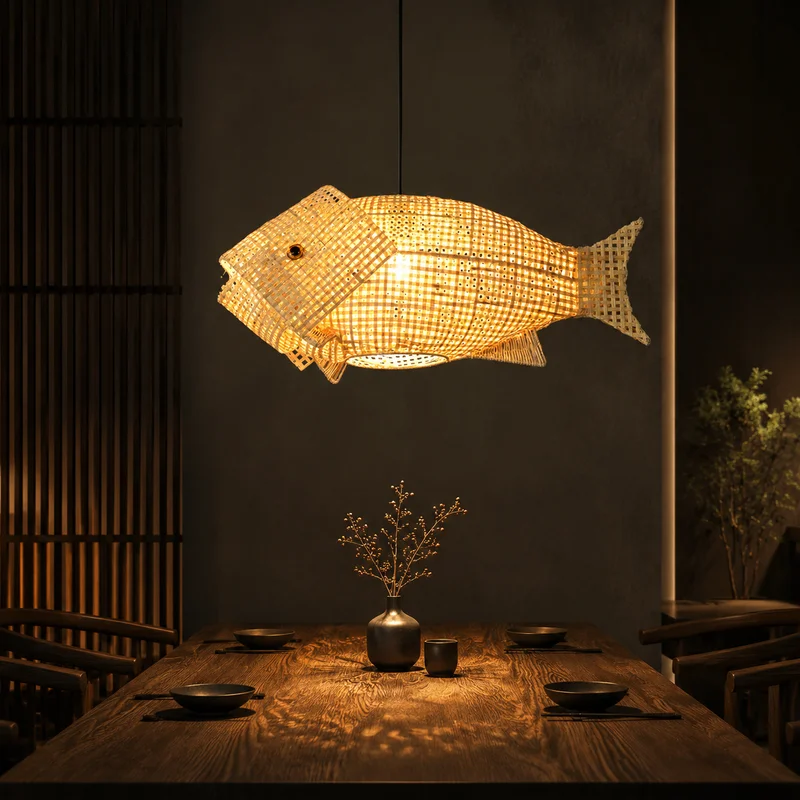 Japanese Wabi Sabi Bamboo Woven Fish Shape Hanging Decor For Restaurant Dining Room Bar Counter And Shop Ceiling Pendant Lamp