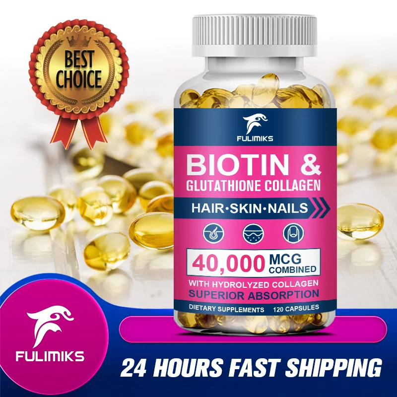 Biotin, Collagen, Glutathione, Hyaluronic Acid - Hair Growth, Skin & Nails Beauty Complex 40,000 mcg -For Women&Men, 60 Capsules