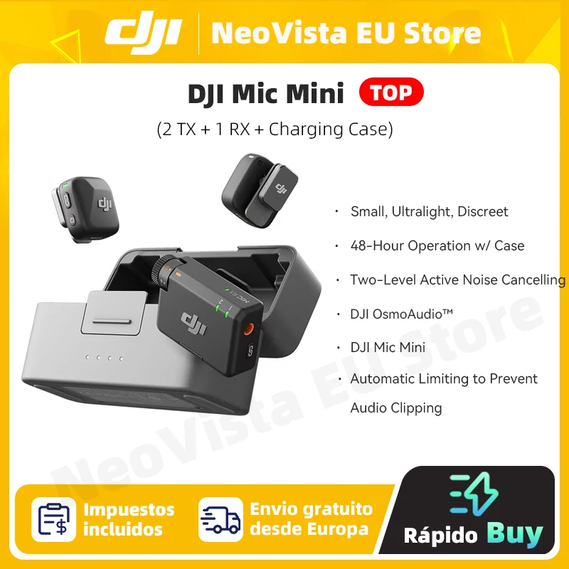 DJI-Mic Mini Microfone Sem Fio Cancelamento Inteligente de Ruído, Áudio de Alta Qualidade, 2 TX Plus 1 RX + Estojo de Carregamento, Envio UE
