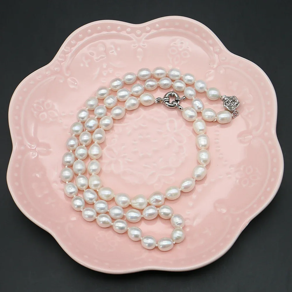 8-9mm Rice-Shaped Natural Freshwater Pearl Set White Baroque Pearl With Flower/Directional Clasp Necklace And Bracelet Jewelry