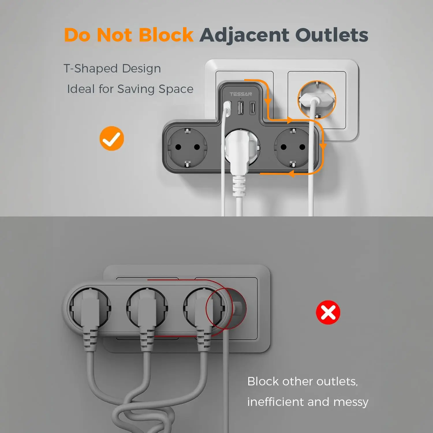 TESSAN-enchufe de pared USB estándar de la UE múltiple, enchufe 6 en 1 con adaptador de 3 salidas de CA, cargador de pared para el hogar y la Oficina