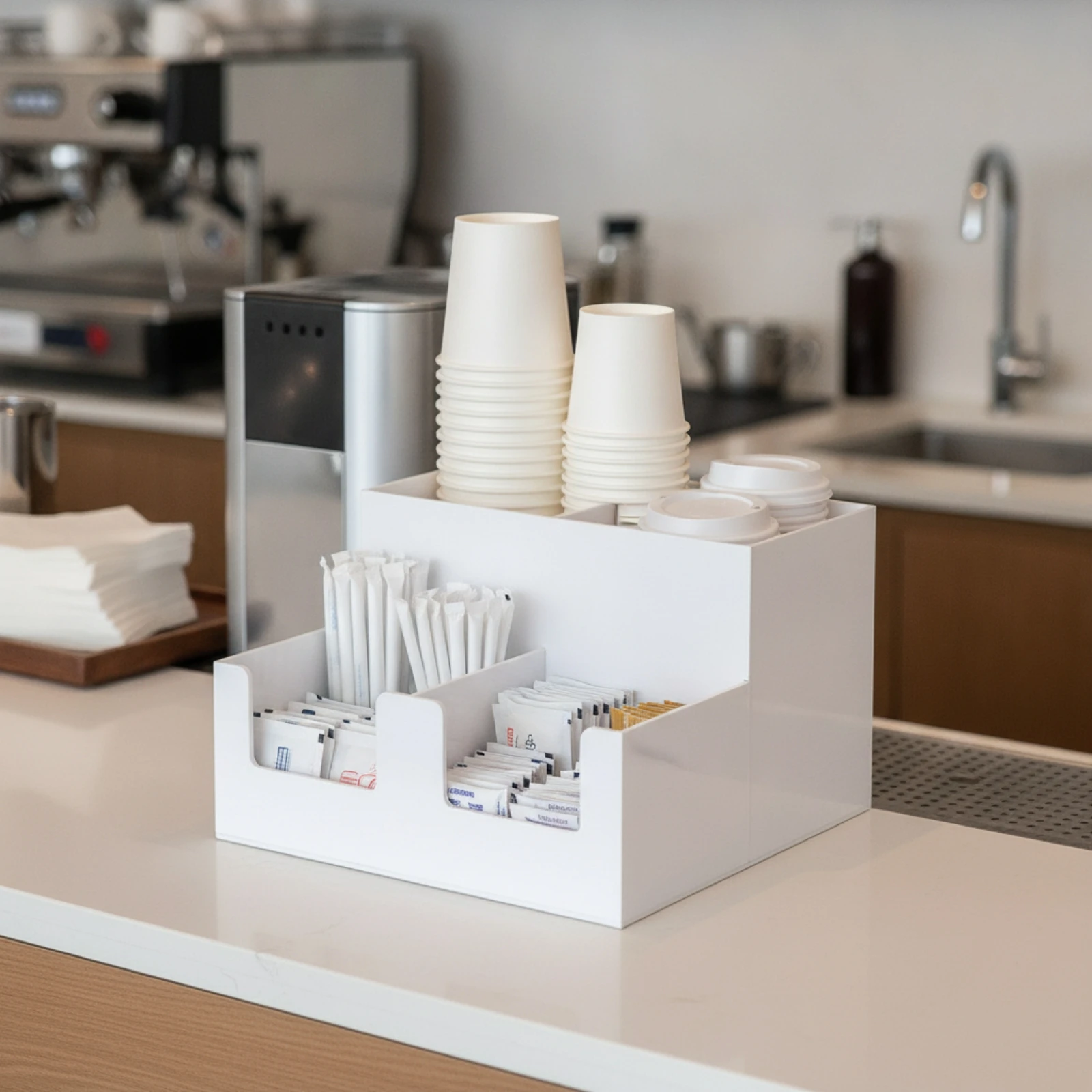 Cup Lid Holder with Compartments Compact 4-Compartment Cup Holder Countertop Organizer Clear Acrylic Storage Rack Stable