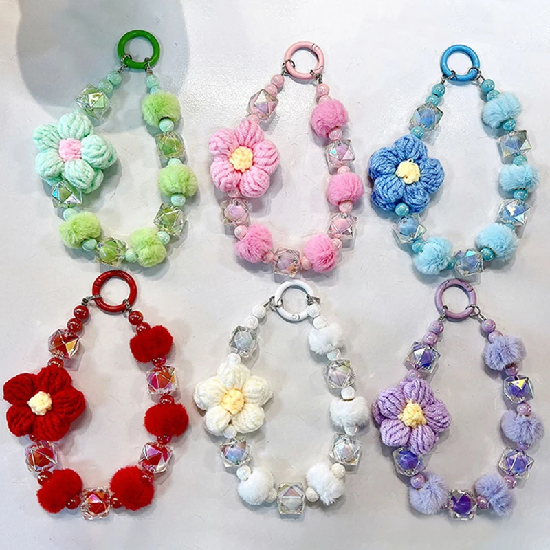 New Wool Flower Beaded Mobile Phone Chain Keychain Cute Plush Beaded Bracelet Bag Accessories Pendant