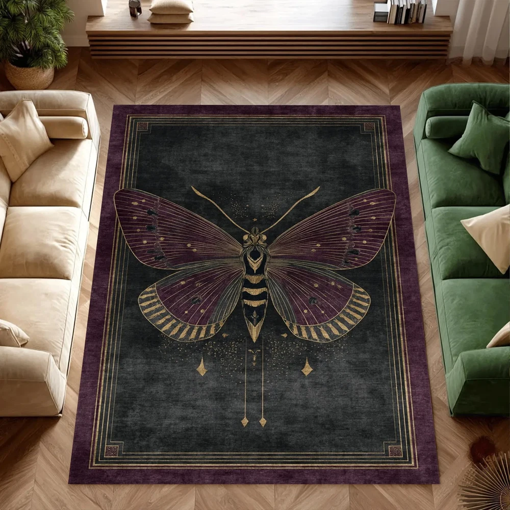 Dark Gothic Moth Print Area Rug, Vintage Occult Moon Floral Floor Mat for Living Room Bedroom Game Room Dorm Home Decor