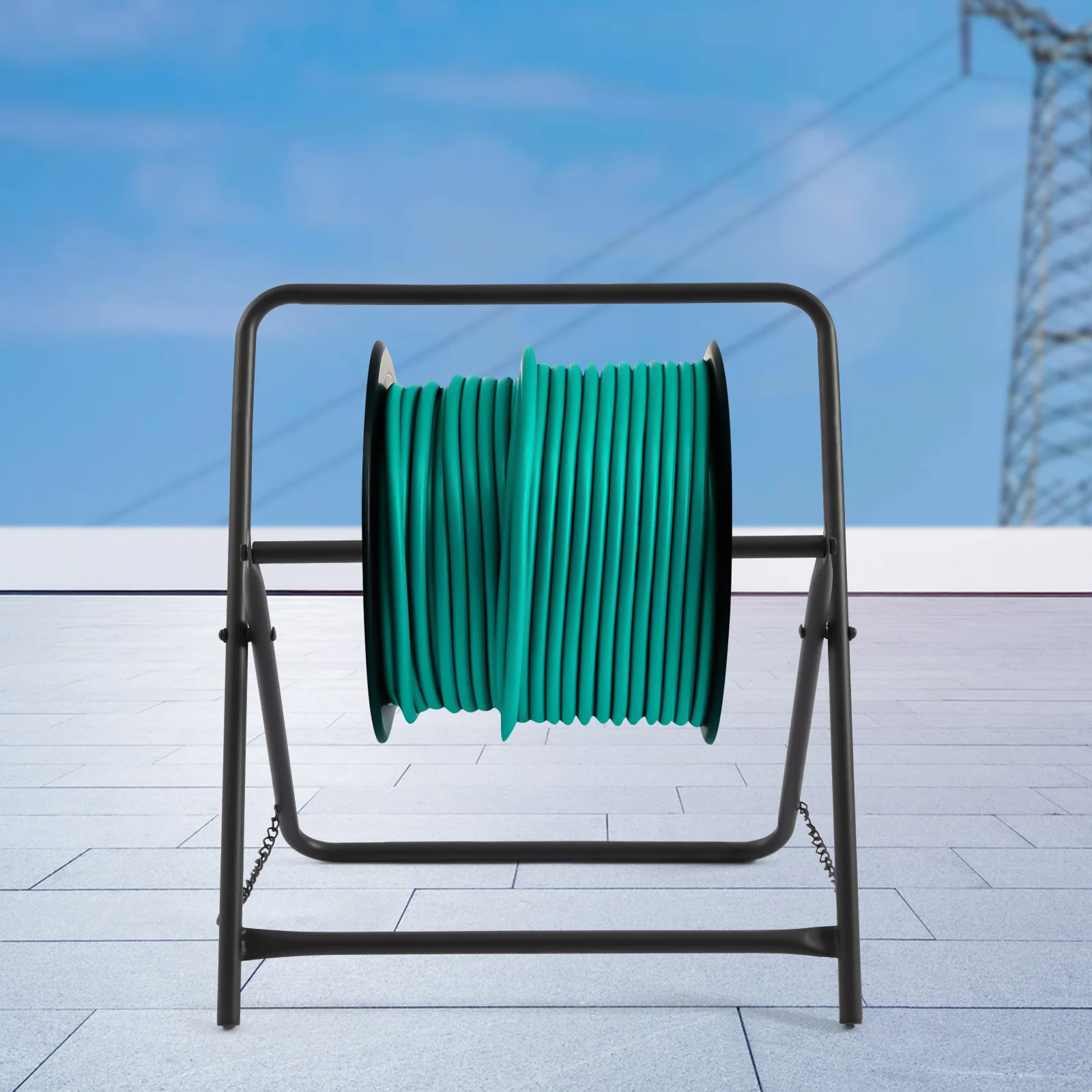 

Durable Single-Axle Wire Spool Caddy for Easy Cable Dispensing, Holds 66.14lbs, Lightweight, Portable, with Dual Leg Chains for