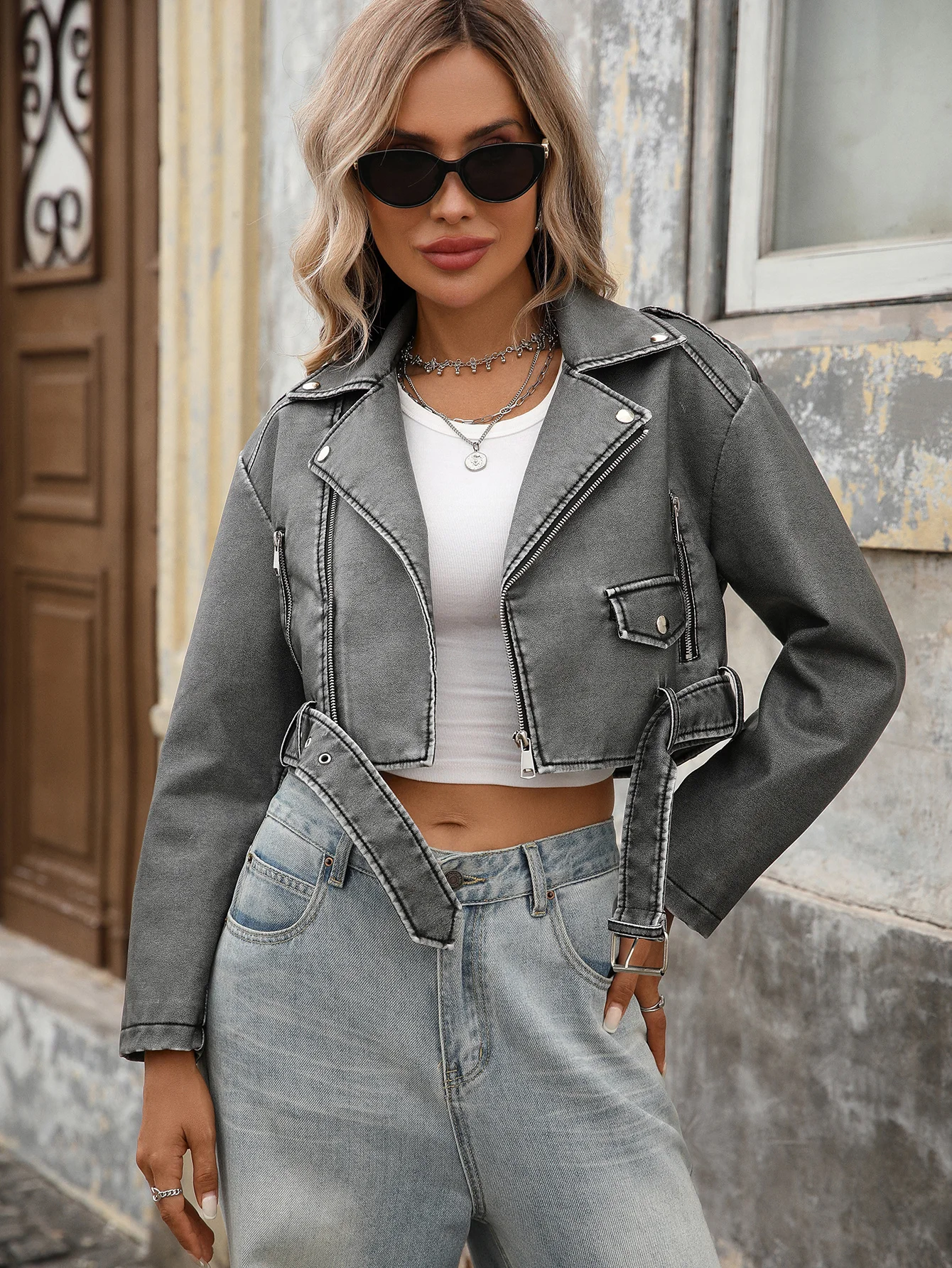 Women's Faux Leather Cropped Jacket Lapel Zipper Biker Short Bomber Moto Coat with Belt