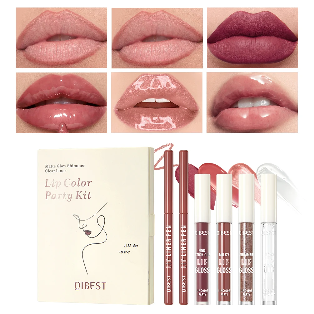 QIBEST 6 juegos de maquillaje de Color de labios incluyen 2 * delineador de labios, 1 lápiz labial líquido mate, esmalte de labios de 2 espejos y 1 bálsamo de aceite de labios transparente