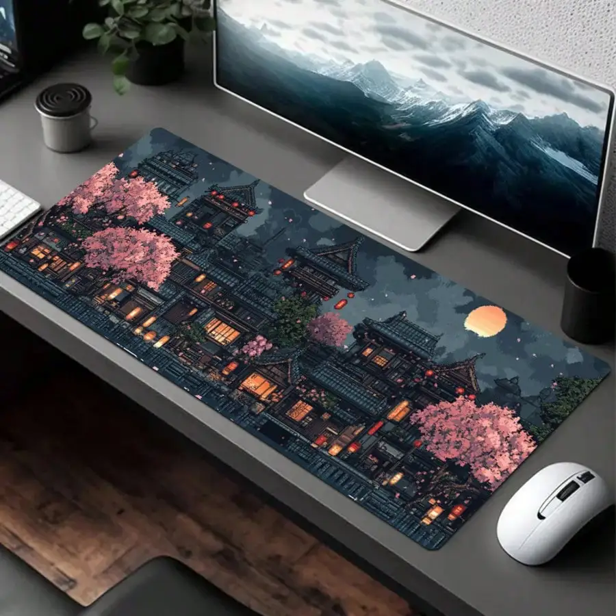 1pc Moonlight Cherry Blossom House XXL Gaming Desk Mouse Pad, Washable Smooth Surface, Ergonomic Wrist Support, Durable Mat For Office Gamers, Ideal Holiday