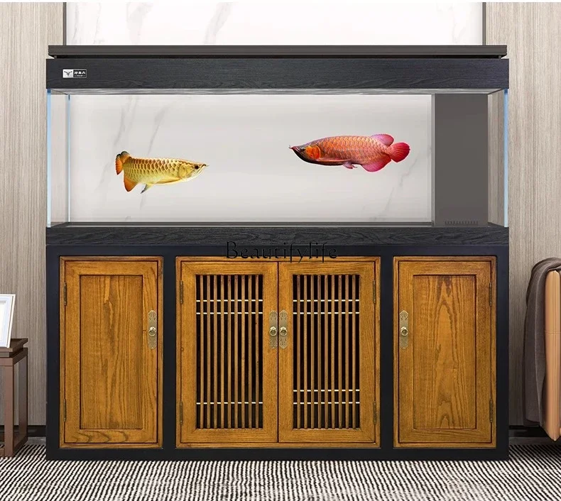 09Large aquarium living room bottom filter ecological gold crystal ultra-white glass Chinese high-end solid wood arowana tan