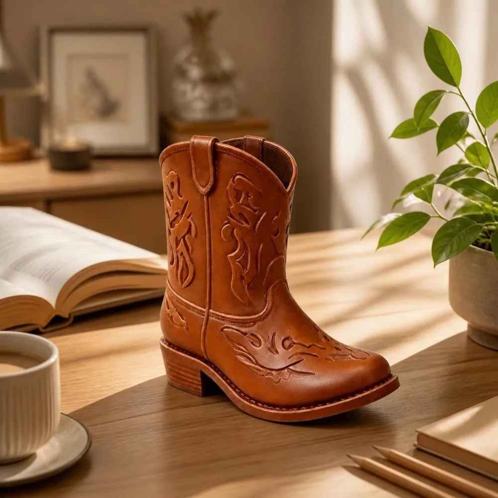 Vintage Western Style Cowboy Boot Statue 3D Printed Home Decor Pencil Holder Ornaments Boot Shaped Vase Home Desk